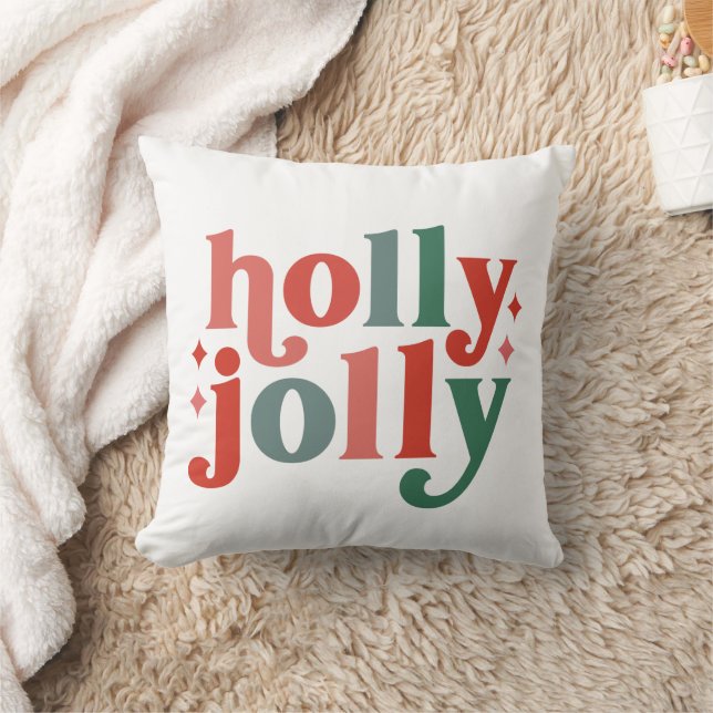 Holly Jolly - Retro Holiday Typography Throw Pillow (Blanket)