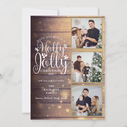 Holly Jolly Rustic Wood 3 Photo Collage Holiday Card