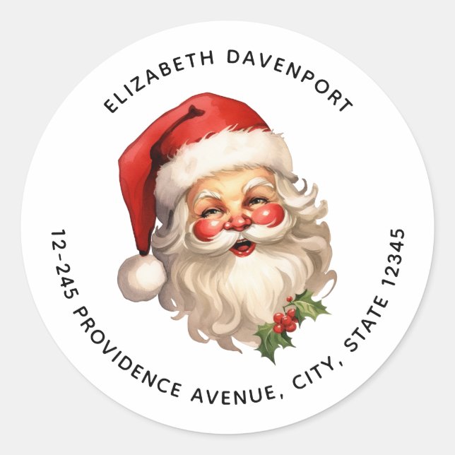 Holly Jolly Santa Claus Retro Christmas Address Classic Round Sticker (Front)