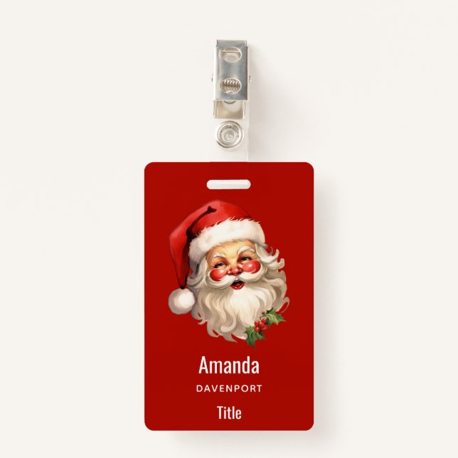 Holly Jolly Santa Claus Retro Christmas Badge (Front with Clip)
