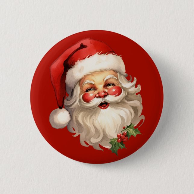 Holly Jolly Santa Claus Retro Christmas Button (Front)