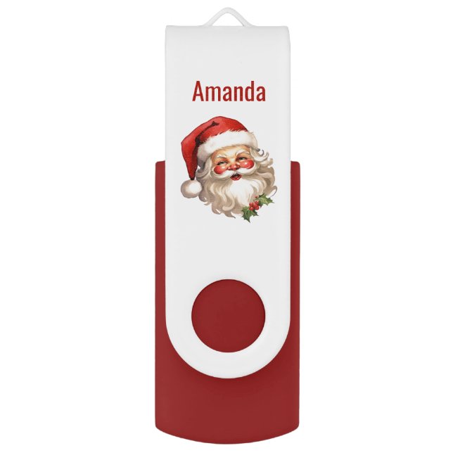 Holly Jolly Santa Claus Retro Christmas Flash Drive (Front Vertical)