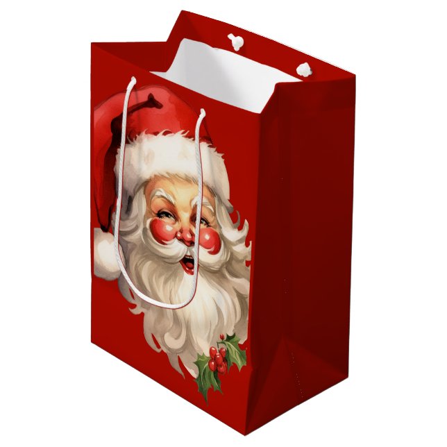 Holly Jolly Santa Claus Retro Christmas Medium Gift Bag (Front Angled)
