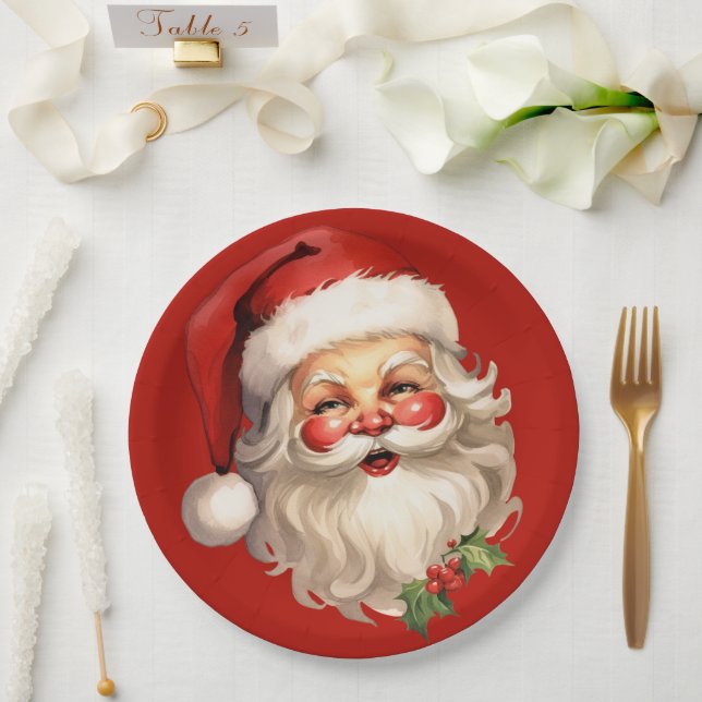 Holly Jolly Santa Claus Retro Christmas Paper Plates (Wedding)