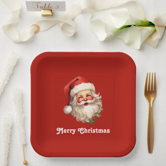 Holly Jolly Santa Claus Retro Christmas Paper Plates (Wedding)