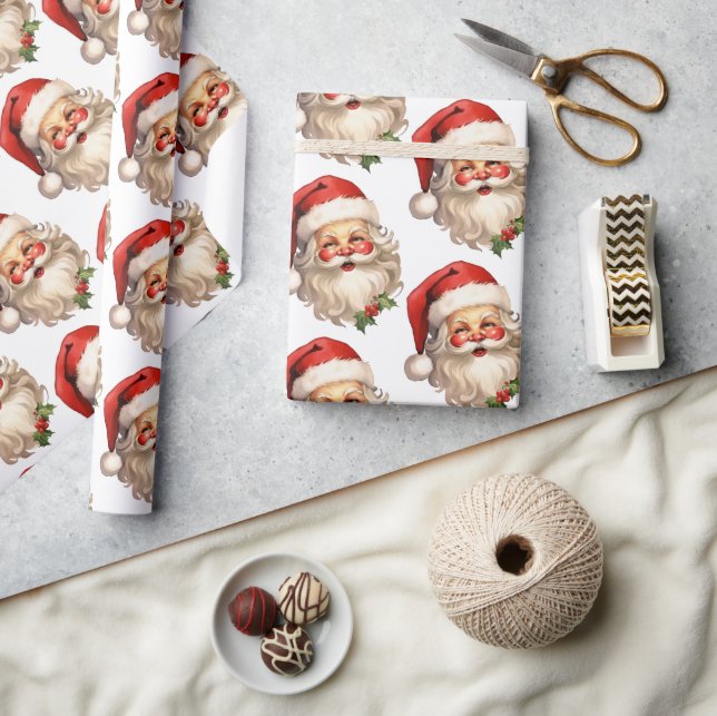 Holly Jolly Santa Claus Retro Christmas Pattern Wrapping Paper (Crafts)