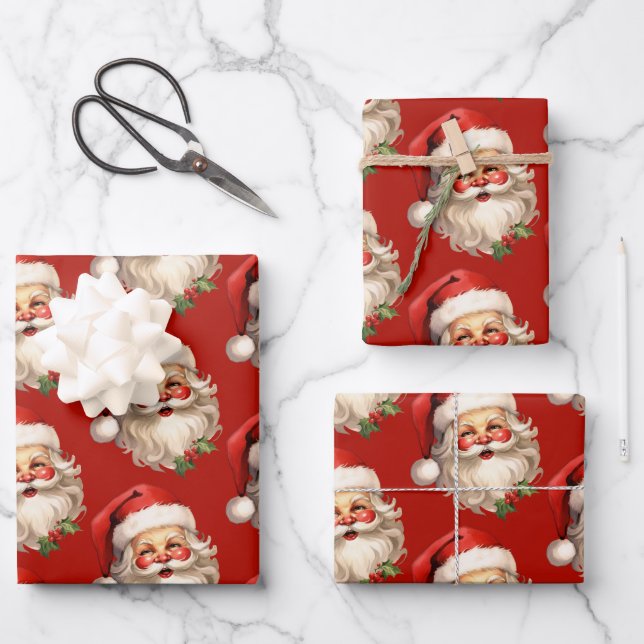 Holly Jolly Santa Claus Retro Christmas Pattern Wrapping Paper Sheets (Front)