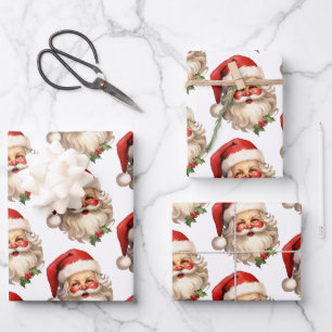 Holly Jolly Santa Claus Retro Christmas Pattern Wrapping Paper Sheets