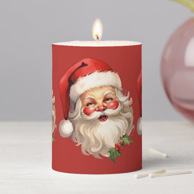 Holly Jolly Santa Claus Retro Christmas Pillar Candle (In Situ)