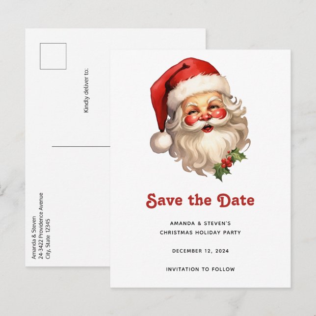Holly Jolly Santa Claus Retro Style Christmas Announcement Postcard (Front/Back)