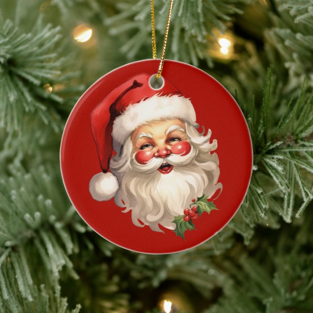 Holly Jolly Santa Claus Retro Style Christmas Ceramic Ornament (Tree)