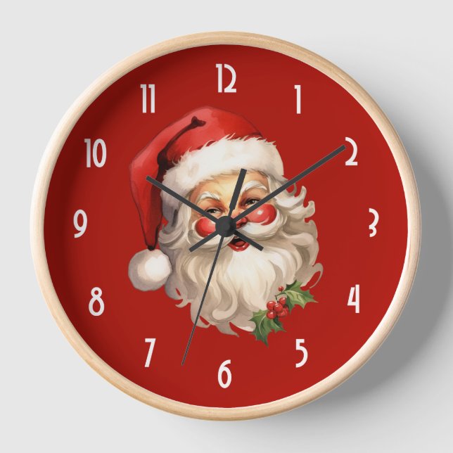 Holly Jolly Santa Claus Retro Style Christmas Clock (Front)