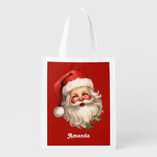 Holly Jolly Santa Claus Retro Style Christmas Grocery Bag