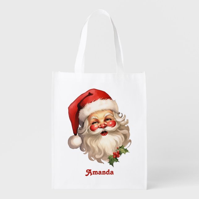 Holly Jolly Santa Claus Retro Style Christmas Grocery Bag (Front)