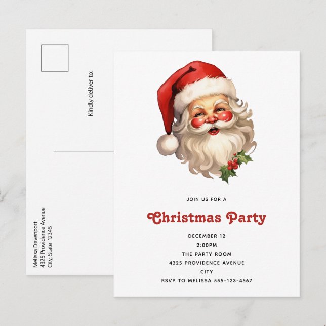Holly Jolly Santa Claus Retro Style Christmas Invitation Postcard (Front/Back)