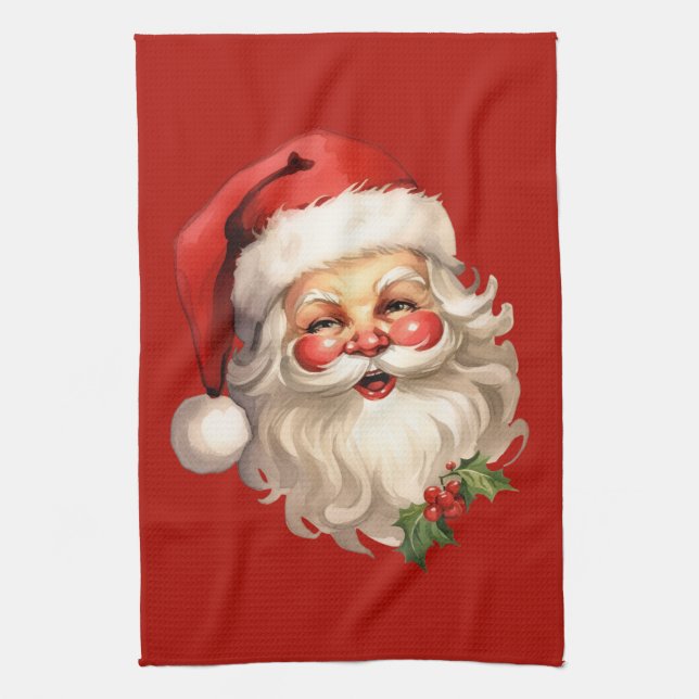 Holly Jolly Santa Claus Retro Style Christmas Kitchen Towel (Vertical)