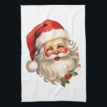Holly Jolly Santa Claus Retro Style Christmas Kitchen Towel<br><div class="desc">A kitchen towel with a joyful illustration of a vintage style Santa Claus with red rosy cheeks. wearing his classic red Santa hat and his big white bear. A sprig of holly adds to the festive holiday spirit of this design.</div>