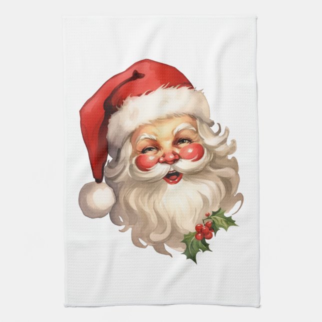 Holly Jolly Santa Claus Retro Style Christmas Kitchen Towel (Vertical)