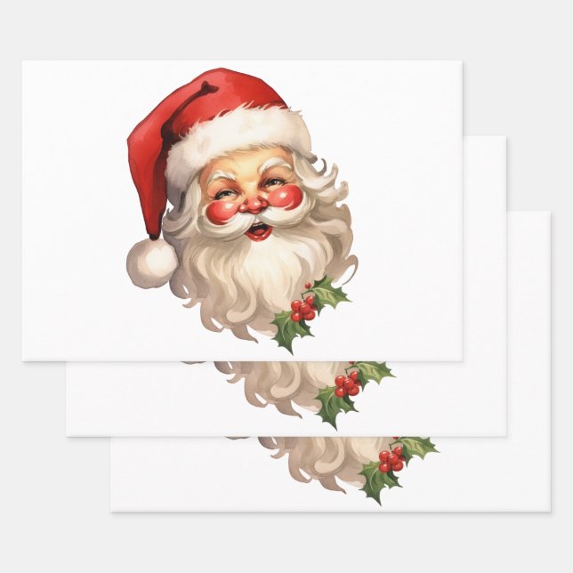 Holly Jolly Santa Claus Retro Style Christmas Wrapping Paper Sheets (Set)