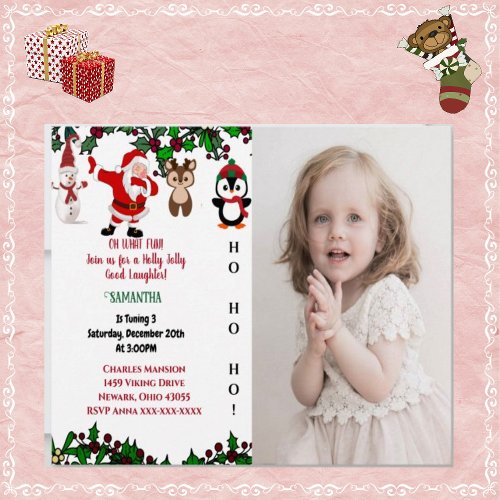 Holly Jolly Santa Snowman Christmas Birthday Photo Invitation