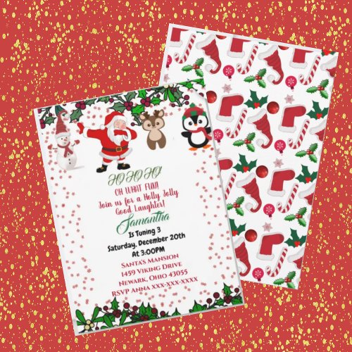 Holly Jolly Santa Snowman Xmas Birthday Invitation