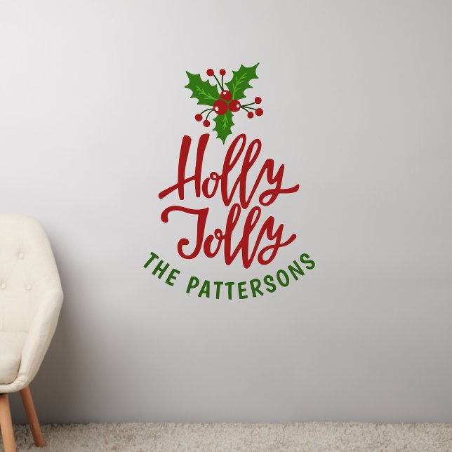 Holly Jolly Script Christmas Custom Family Name Wall Decal (Living Room 2)