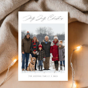 Holly Jolly Script Snowy Family Christmas Photo Holiday Card