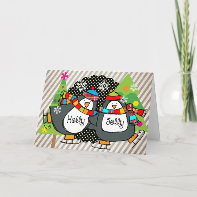 Holly Jolly Skating Penguins Holiday Greeting Card (Front)