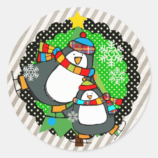 Holly Jolly Skating Penguins Round Sticker (Front)