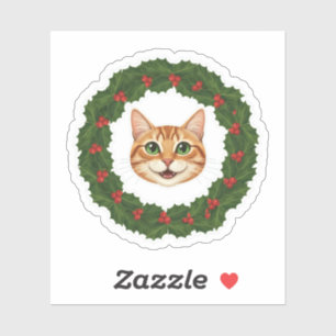 Holly Jolly Smiling Kitty Cat Christmas Wreath Sticker