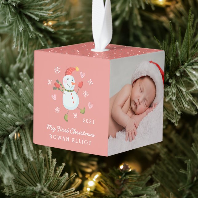 Holly Jolly Snowman Baby's First Christmas    Cube Ornament (Tree)