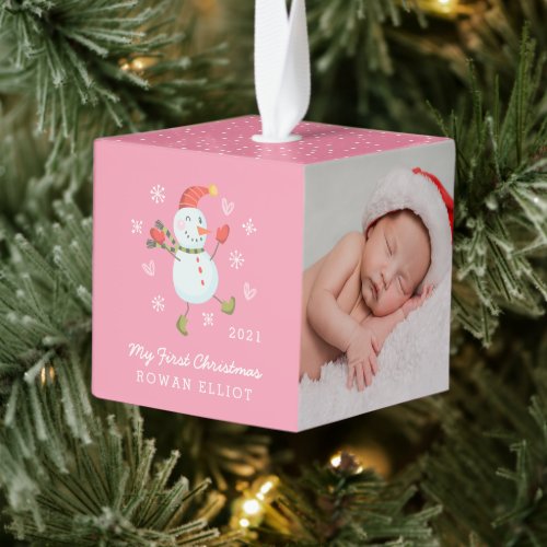 Holly Jolly Snowman Babys First Christmas   Cube Ornament