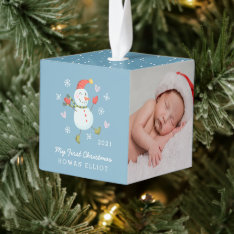 Holly Jolly Snowman Baby's First Christmas  Cube Ornament at Zazzle