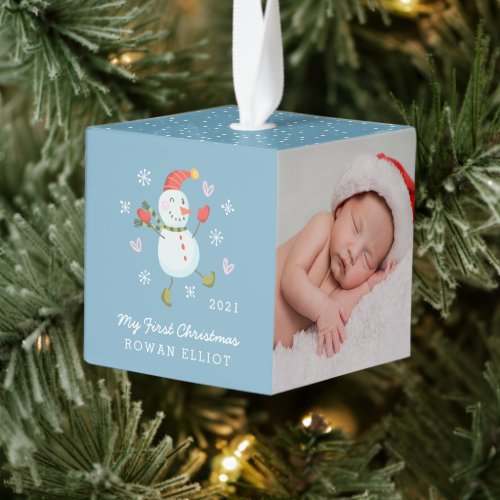 Holly Jolly Snowman Babys First Christmas  Cube Ornament