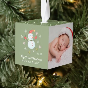 Holly Jolly Snowman Baby's First Christmas  Cube Ornament by Orabella at Zazzle