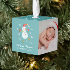 Holly Jolly Snowman Baby's First Christmas Cube Ornament at Zazzle