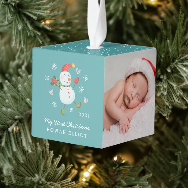 Holly Jolly Snowman Baby's First Christmas Cube Ornament (Tree)