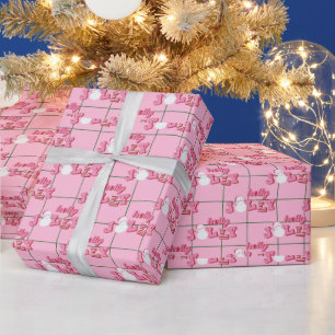 Holly Jolly Snowman Pink Christmas Wrapping Paper