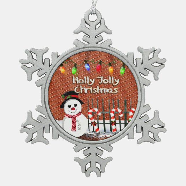 Holly Jolly Snowman Snowflake Pewter Christmas Ornament (Front)