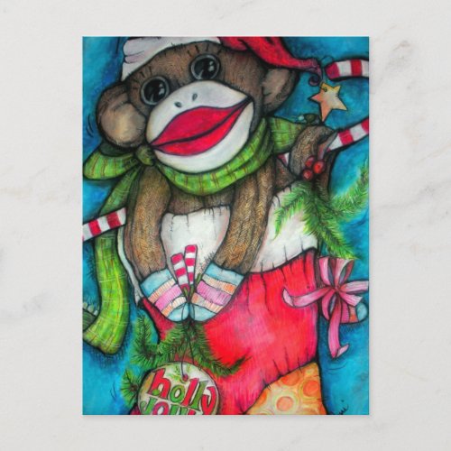 Holly Jolly Sock Monkey Holiday Postcard