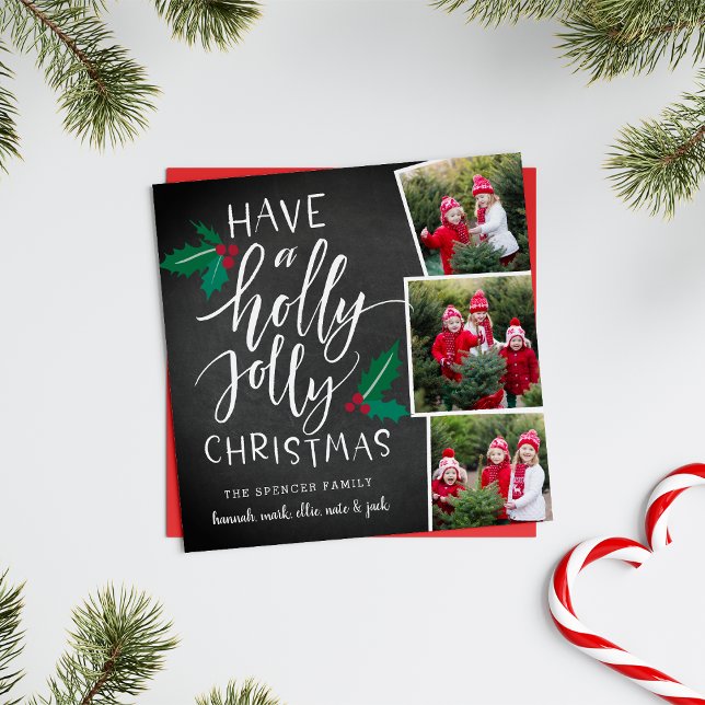 Holly Jolly | Square Holiday Photo Collage Card (A 3 photo holiday card with rustic appeal in a classic Christmas color palette.)
