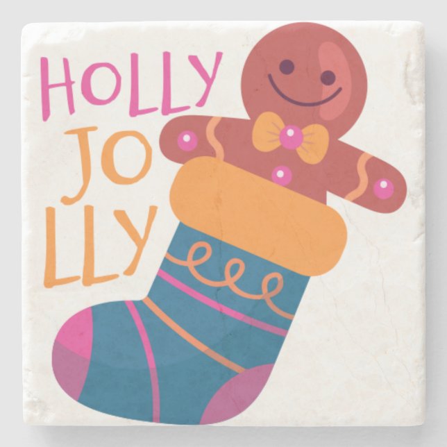 Holly Jolly Stocking Stone Coaster (Front)