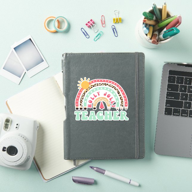 Holly Jolly Teacher Leopard Retro Rainbow Teacher Sticker (iPad Cover)