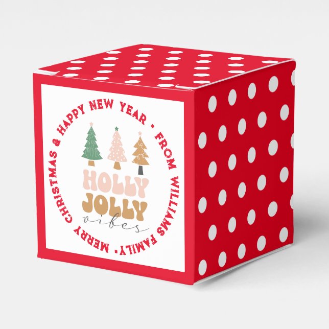 holly jolly vibes, christmas retro red script dots favor boxes (Front Side)