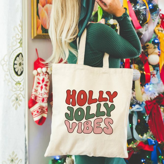 Holly Jolly Vibes | Groovy Retro Christmas Tote Bag (Creator Uploaded)