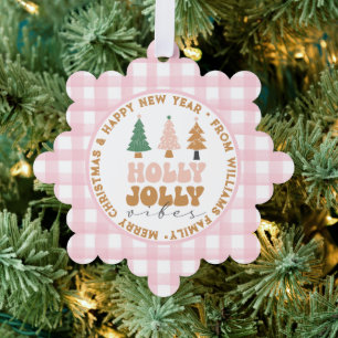 holly jolly vibes,merry christmas&new year pink ornament card