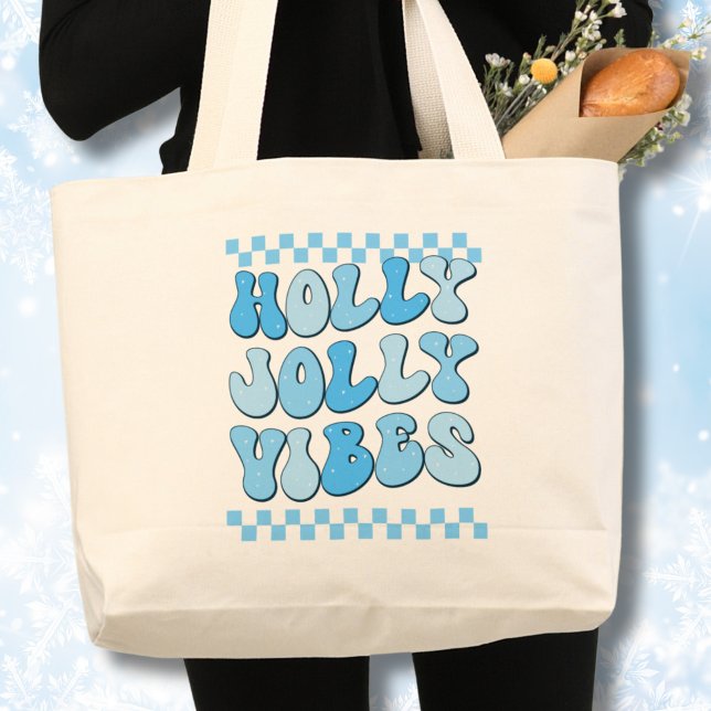 Holly Jolly vibes, Retro Christmas Large Tote Bag (Holly Jolly Vibes Retro Christmas Design Blue)