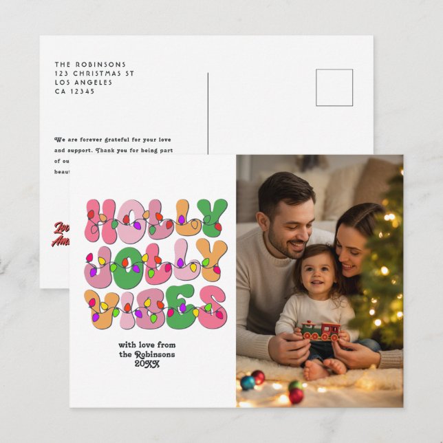 "Holly Jolly Vibes" Retro Christmas Lights Photo Holiday Postcard (Front/Back)