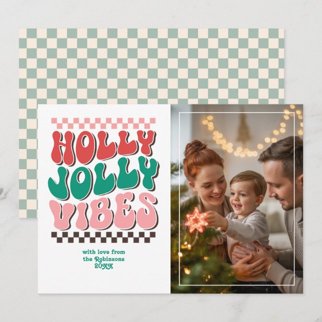 "Holly Jolly Vibes" Retro Christmas Photo Holiday Card (Front/Back)