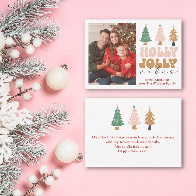holly jolly vibes retro christmas photo holiday  note card (Creator Uploaded)
